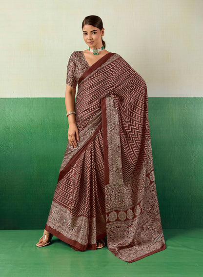 Monjolika Fashion Ajrakh Brown Faux Satin Printed Saree