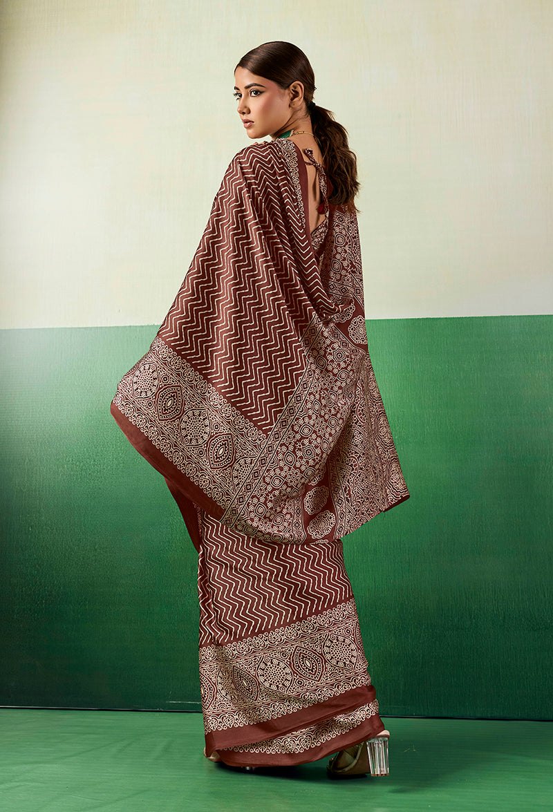 Monjolika Fashion Ajrakh Brown Faux Satin Printed Saree