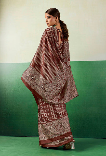 Monjolika Fashion Ajrakh Brown Faux Satin Printed Saree