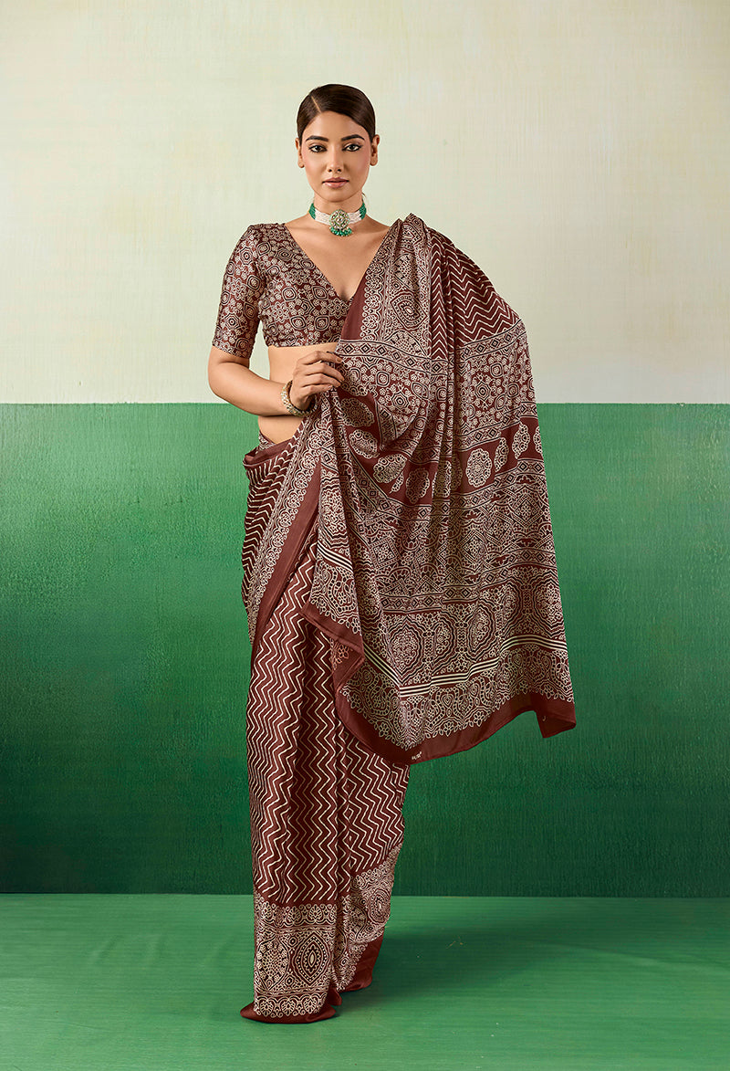 Monjolika Fashion Ajrakh Brown Faux Satin Printed Saree