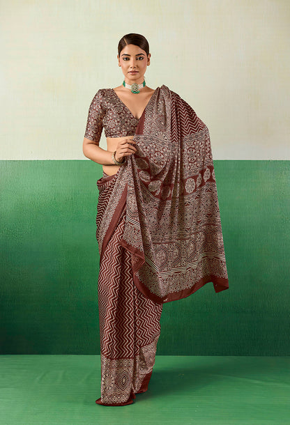 Monjolika Fashion Ajrakh Brown Faux Satin Printed Saree