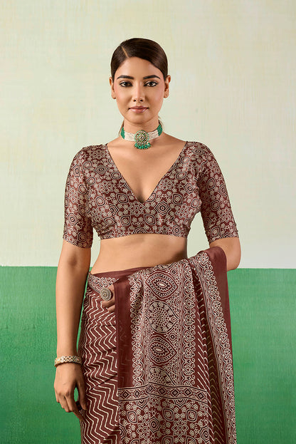 Monjolika Fashion Ajrakh Brown Faux Satin Printed Saree