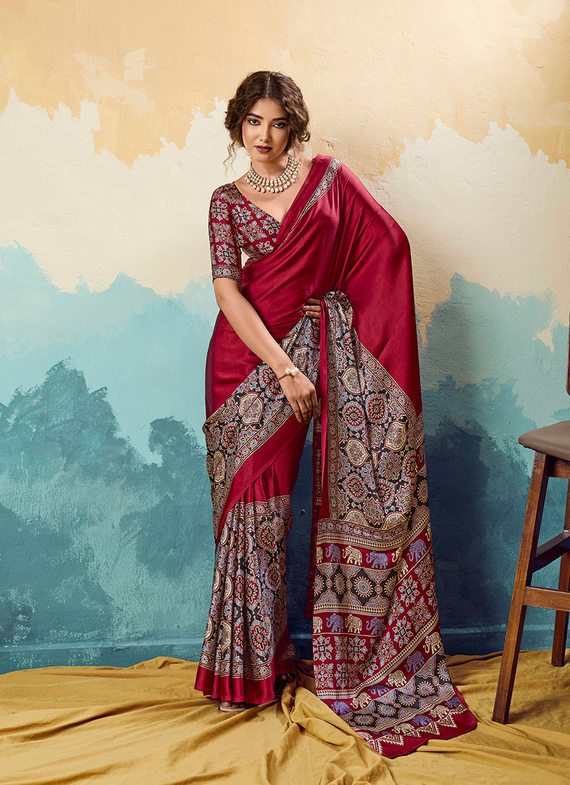 Monjolika Fashion Ajrakh Red Faux Satin Printed Saree With Ethnic Motif