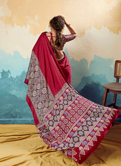 Monjolika Fashion Ajrakh Red Faux Satin Printed Saree With Ethnic Motif