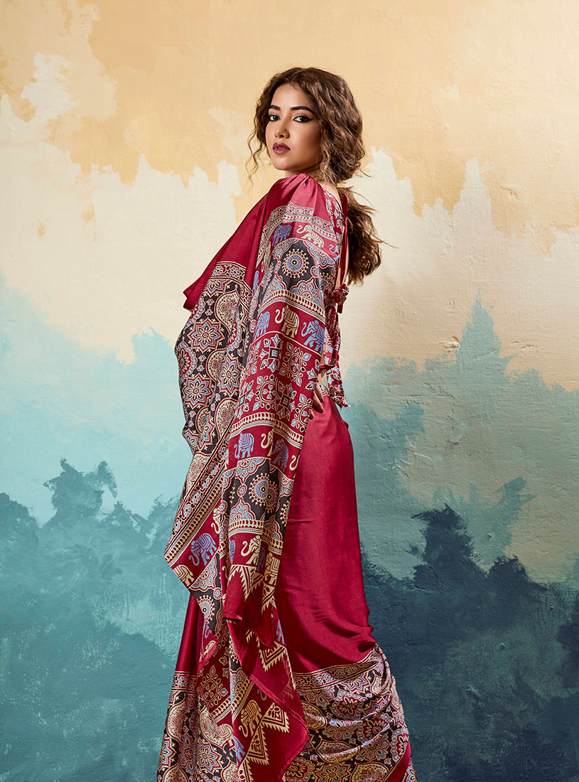 Monjolika Fashion Ajrakh Red Faux Satin Printed Saree With Ethnic Motif