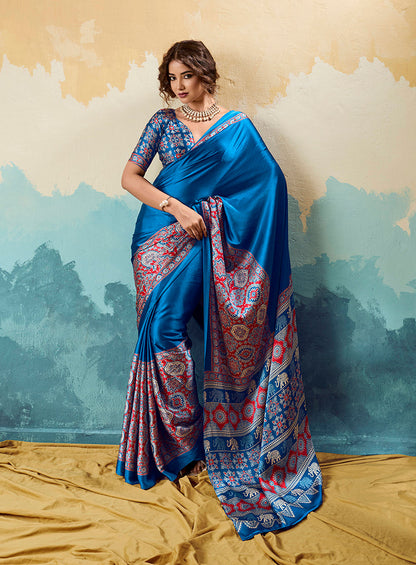 Monjolika Fashion Ajrakh Royal Blue Faux Satin Printed Saree With Ethnic Motif