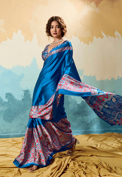 Monjolika Fashion Ajrakh Royal Blue Faux Satin Printed Saree With Ethnic Motif