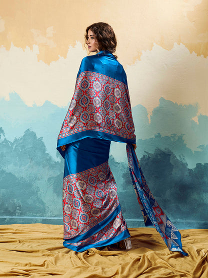 Monjolika Fashion Ajrakh Royal Blue Faux Satin Printed Saree With Ethnic Motif