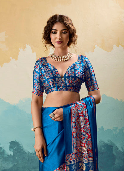 Monjolika Fashion Ajrakh Royal Blue Faux Satin Printed Saree With Ethnic Motif
