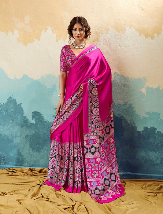 Monjolika Fashion Ajrakh Hot Pink Faux Satin Printed Saree With Ethnic Motif