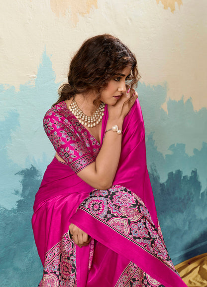 Monjolika Fashion Ajrakh Hot Pink Faux Satin Printed Saree With Ethnic Motif