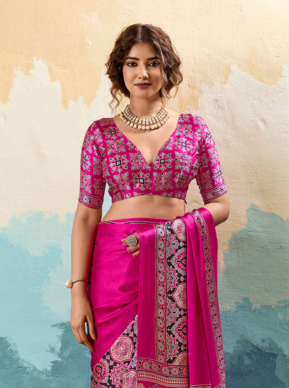 Monjolika Fashion Ajrakh Hot Pink Faux Satin Printed Saree With Ethnic Motif