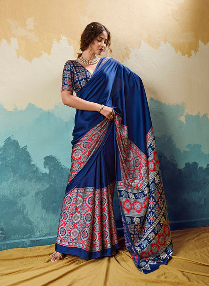Monjolika Fashion Ajrakh Navy Blue Faux Satin Printed Saree With Ethnic Motif