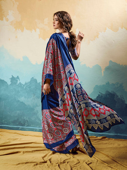 Monjolika Fashion Ajrakh Navy Blue Faux Satin Printed Saree With Ethnic Motif