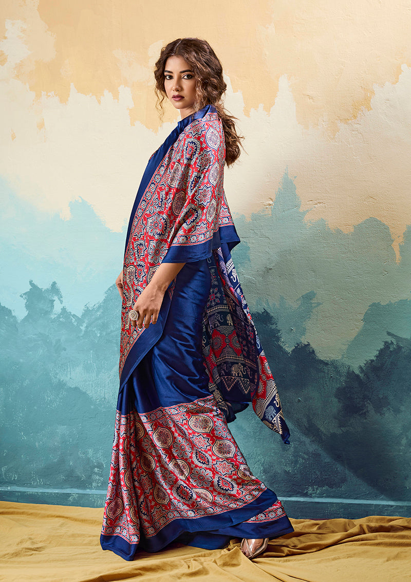 Monjolika Fashion Ajrakh Navy Blue Faux Satin Printed Saree With Ethnic Motif
