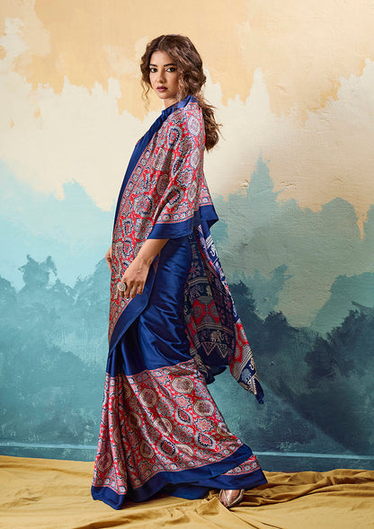 Monjolika Fashion Ajrakh Navy Blue Faux Satin Printed Saree With Ethnic Motif