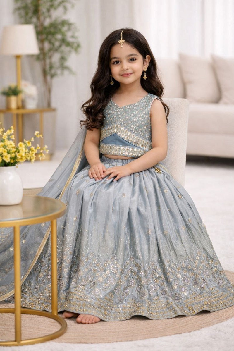 Evanik Grey Georgette Embroidered Work Wedding Kids Lehenga Choli