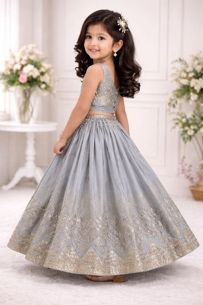 Evanik Grey Georgette Embroidered Work Wedding Kids Lehenga Choli