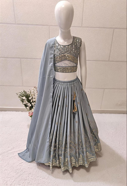 Evanik Grey Georgette Embroidered Work Wedding Kids Lehenga Choli