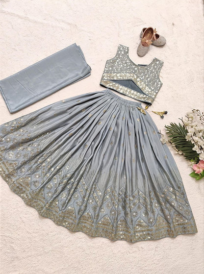 Evanik Grey Georgette Embroidered Work Wedding Kids Lehenga Choli