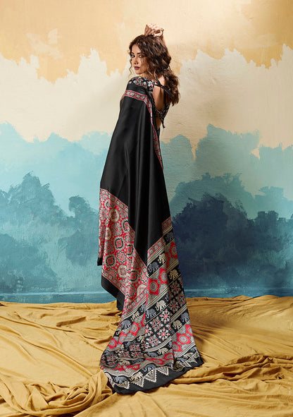 Monjolika Fashion Ajrakh Black Faux Satin Printed Saree With Ethnic Motif