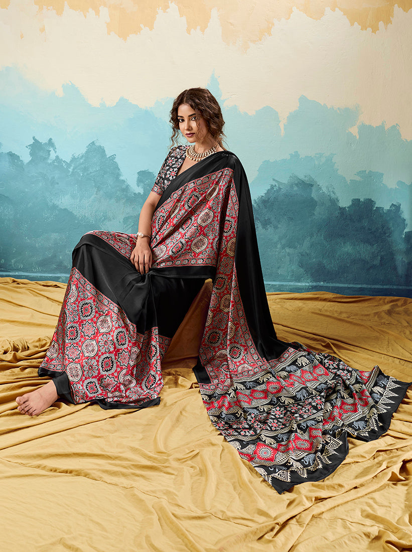 Monjolika Fashion Ajrakh Black Faux Satin Printed Saree With Ethnic Motif