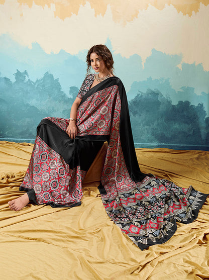 Monjolika Fashion Ajrakh Black Faux Satin Printed Saree With Ethnic Motif