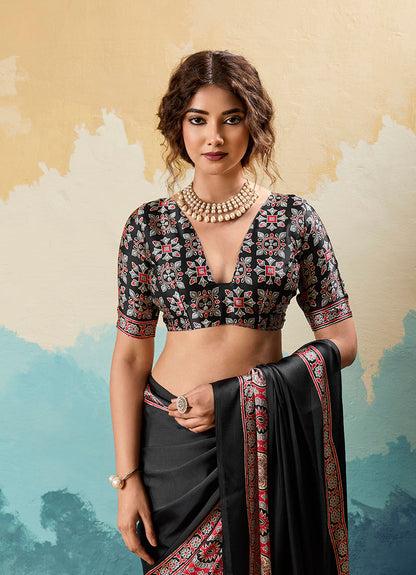 Monjolika Fashion Ajrakh Black Faux Satin Printed Saree With Ethnic Motif