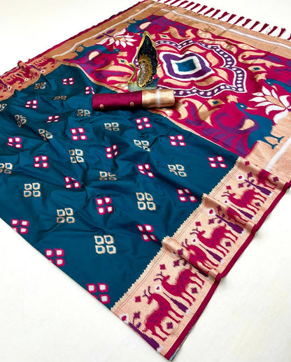 Mameraa Sarees Teal Soft Saree With Zari Weaving Meenakari Rich Pallu And Unique Ikkat Border-Teal