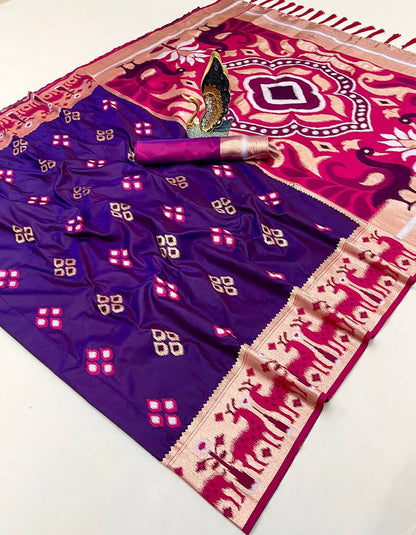 Mameraa Sarees Purple Soft Saree With Zari Weaving Meenakari Rich Pallu And Unique Ikkat Border-Purple