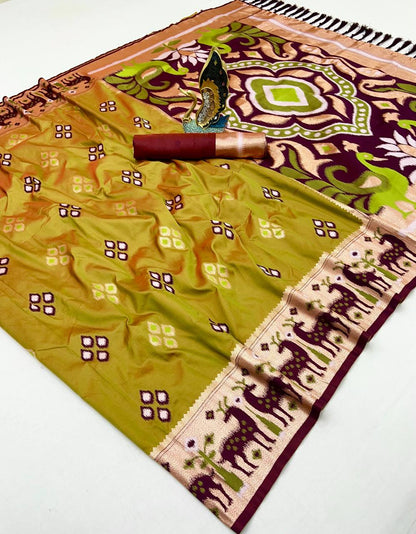Mameraa Sarees Mustard Soft Saree With Zari Weaving Meenakari Rich Pallu And Unique Ikkat Border-Mustard