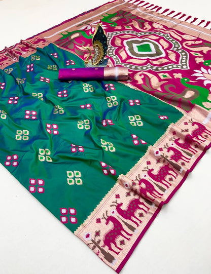 Mameraa Sarees Rama Soft Saree With Zari Weaving Meenakari Rich Pallu And Unique Ikkat Border-Sea_Green