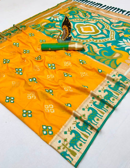 Mameraa Sarees Yellow Soft Saree With Zari Weaving Meenakari Rich Pallu And Unique Ikkat Border-Yellow