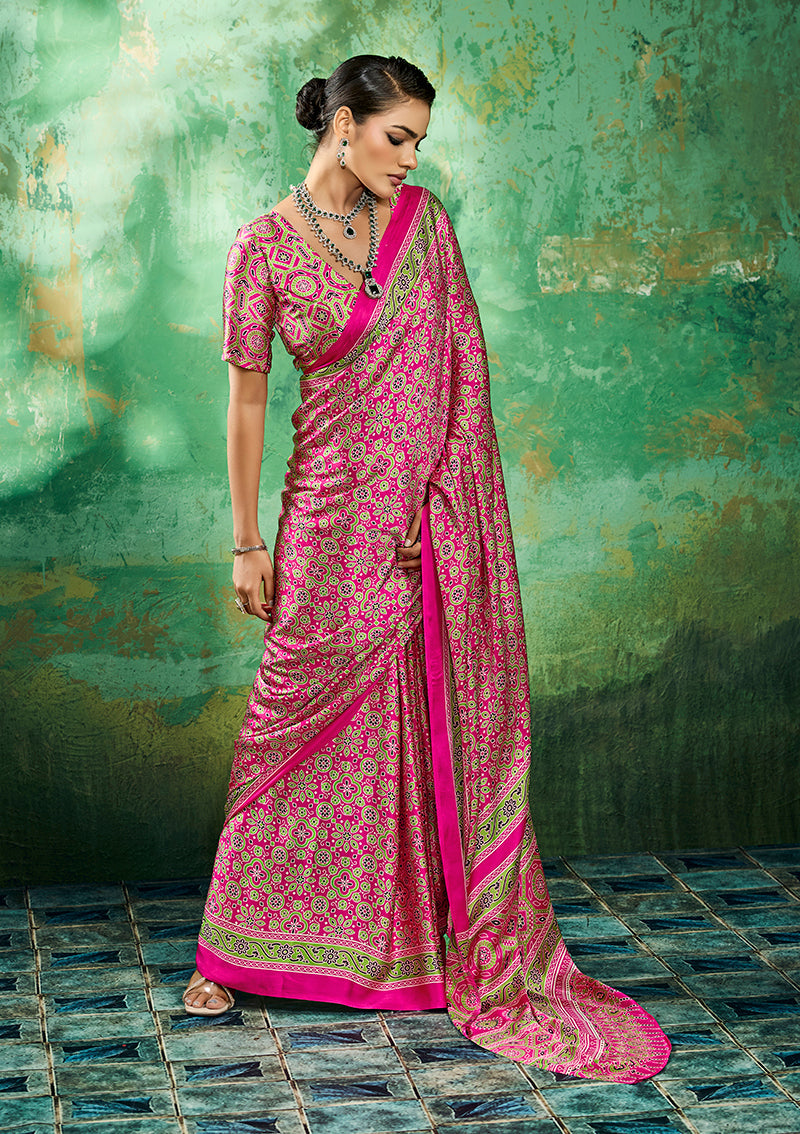 Monjolika Fashion Ajrakh Hot Pink Faux Satin Printed Saree