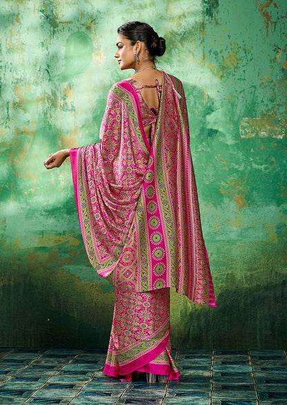 Monjolika Fashion Ajrakh Hot Pink Faux Satin Printed Saree