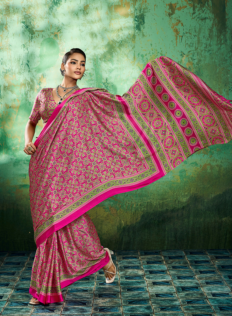 Monjolika Fashion Ajrakh Hot Pink Faux Satin Printed Saree