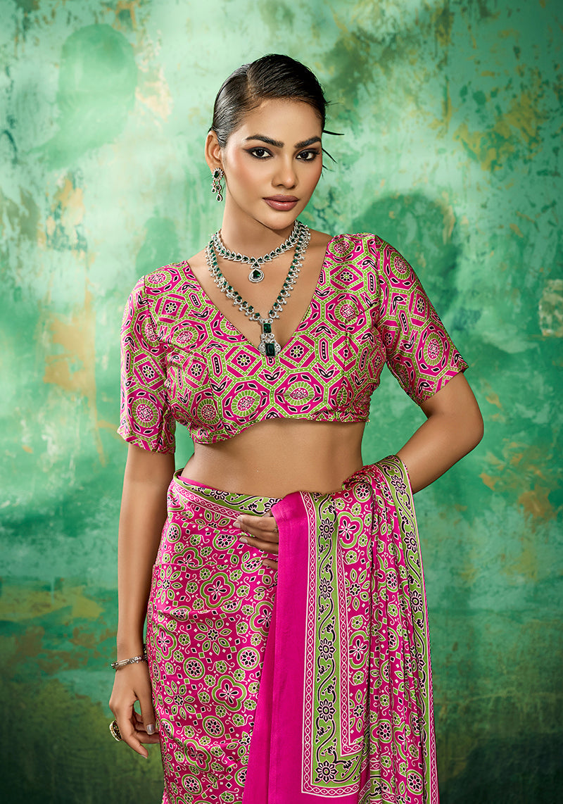 Monjolika Fashion Ajrakh Hot Pink Faux Satin Printed Saree