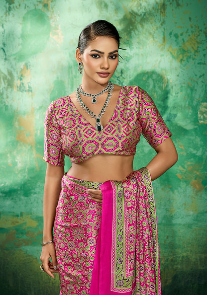 Monjolika Fashion Ajrakh Hot Pink Faux Satin Printed Saree