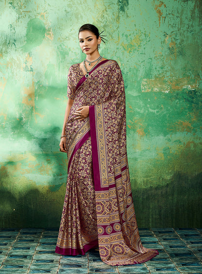 Monjolika Fashion Ajrakh Wine Faux Satin Printed Saree