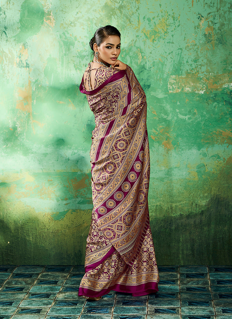 Monjolika Fashion Ajrakh Wine Faux Satin Printed Saree