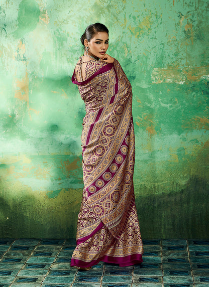 Monjolika Fashion Ajrakh Wine Faux Satin Printed Saree