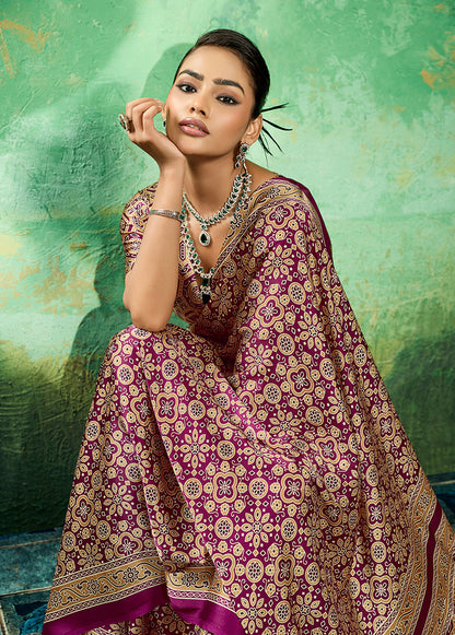 Monjolika Fashion Ajrakh Wine Faux Satin Printed Saree