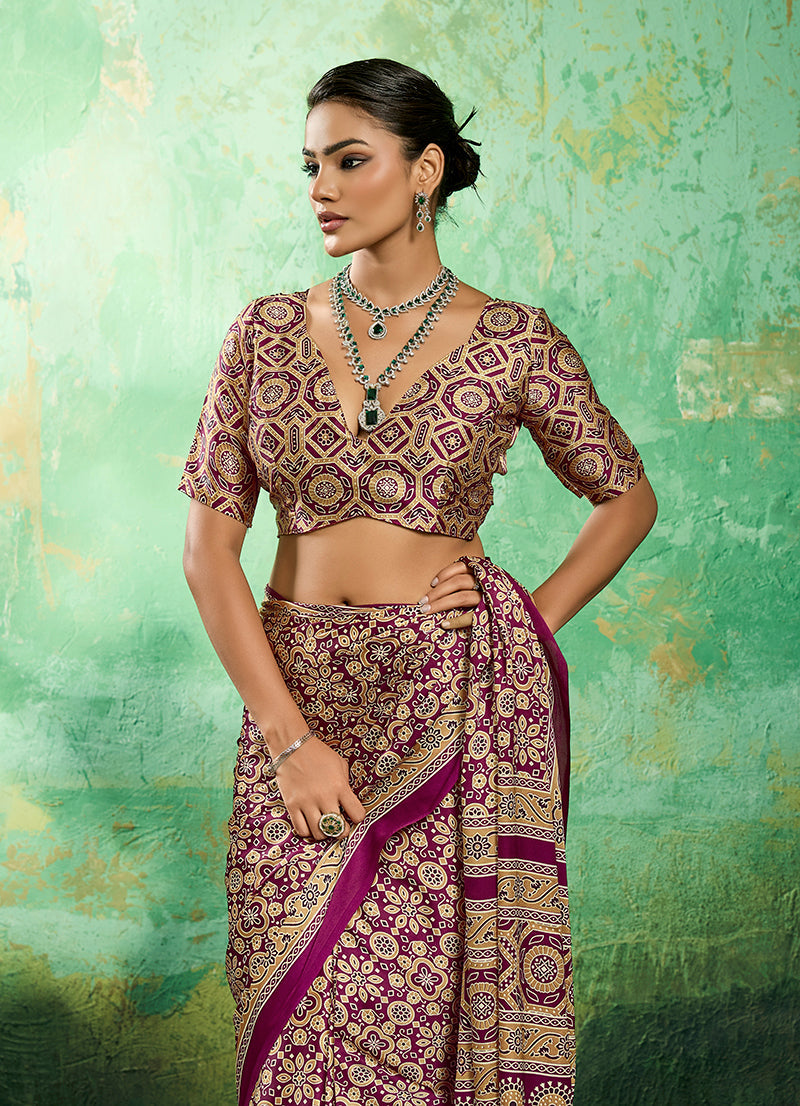 Monjolika Fashion Ajrakh Wine Faux Satin Printed Saree