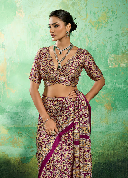 Monjolika Fashion Ajrakh Wine Faux Satin Printed Saree