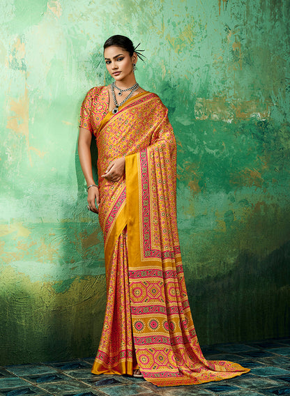 Monjolika Fashion Ajrakh Amber Faux Satin Printed Saree