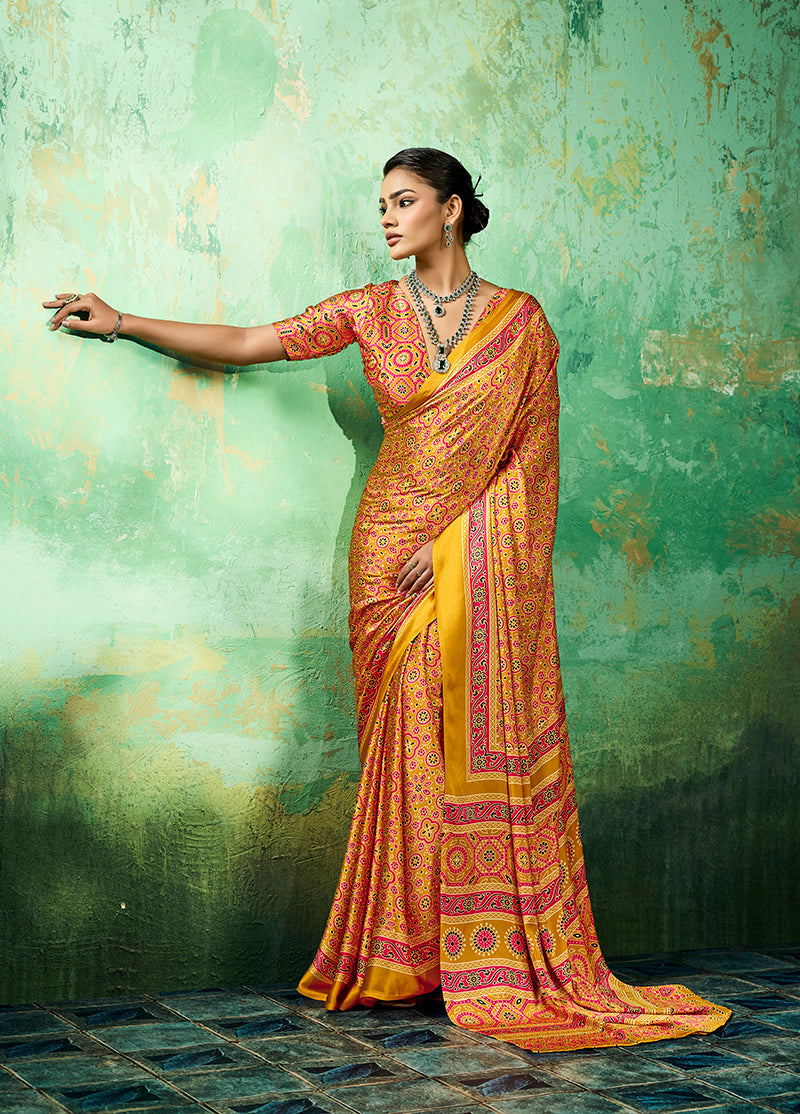 Monjolika Fashion Ajrakh Amber Faux Satin Printed Saree