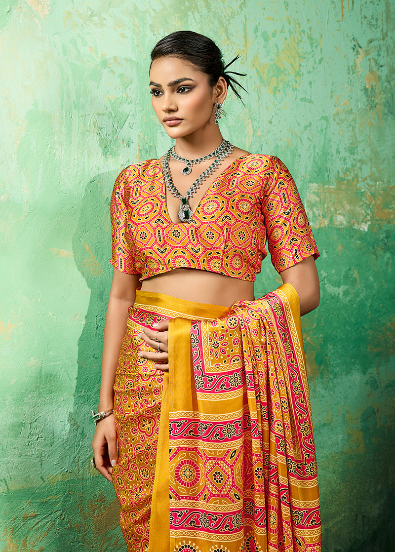 Monjolika Fashion Ajrakh Amber Faux Satin Printed Saree