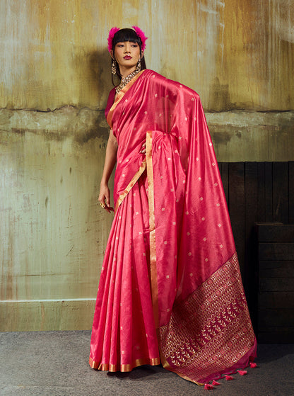 Monjolika Fashion Pink Weaving Faux Tussar Silk Saree With Zari Woven Pallu