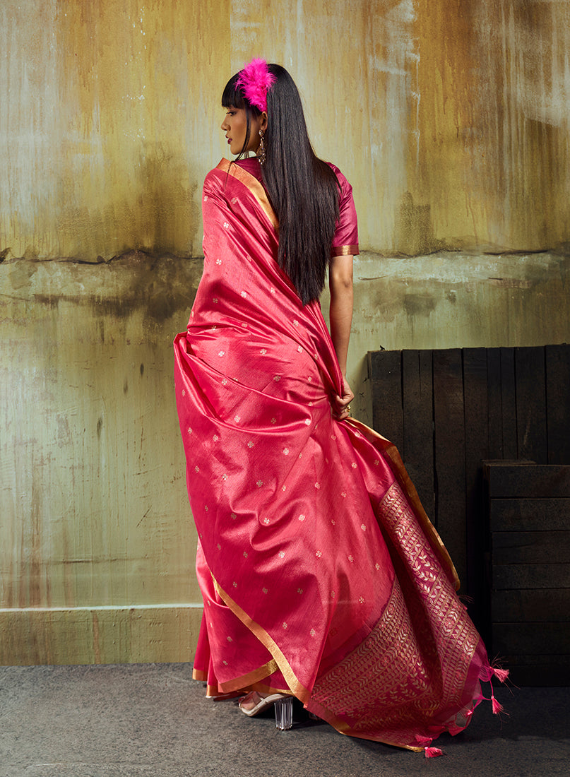 Monjolika Fashion Pink Weaving Faux Tussar Silk Saree With Zari Woven Pallu