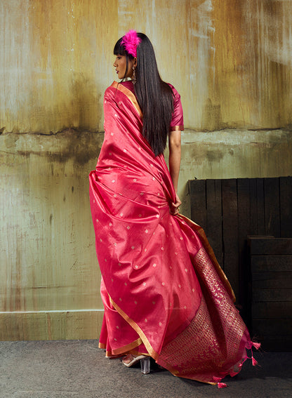 Monjolika Fashion Pink Weaving Faux Tussar Silk Saree With Zari Woven Pallu